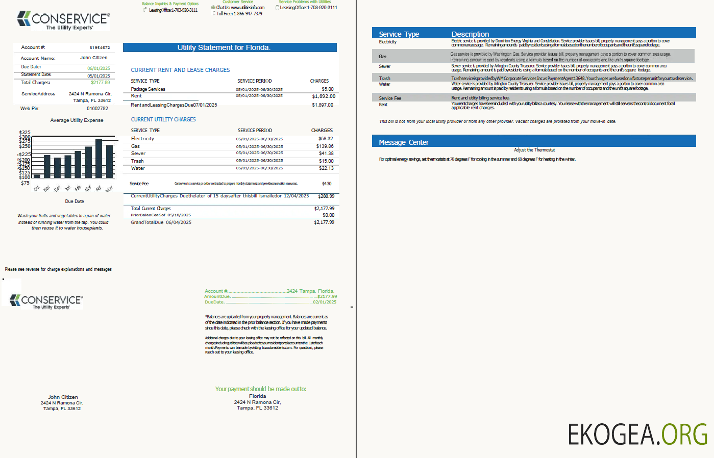 USA Conservice utility bill template in Word and PDF formats, 2 pages, version 2